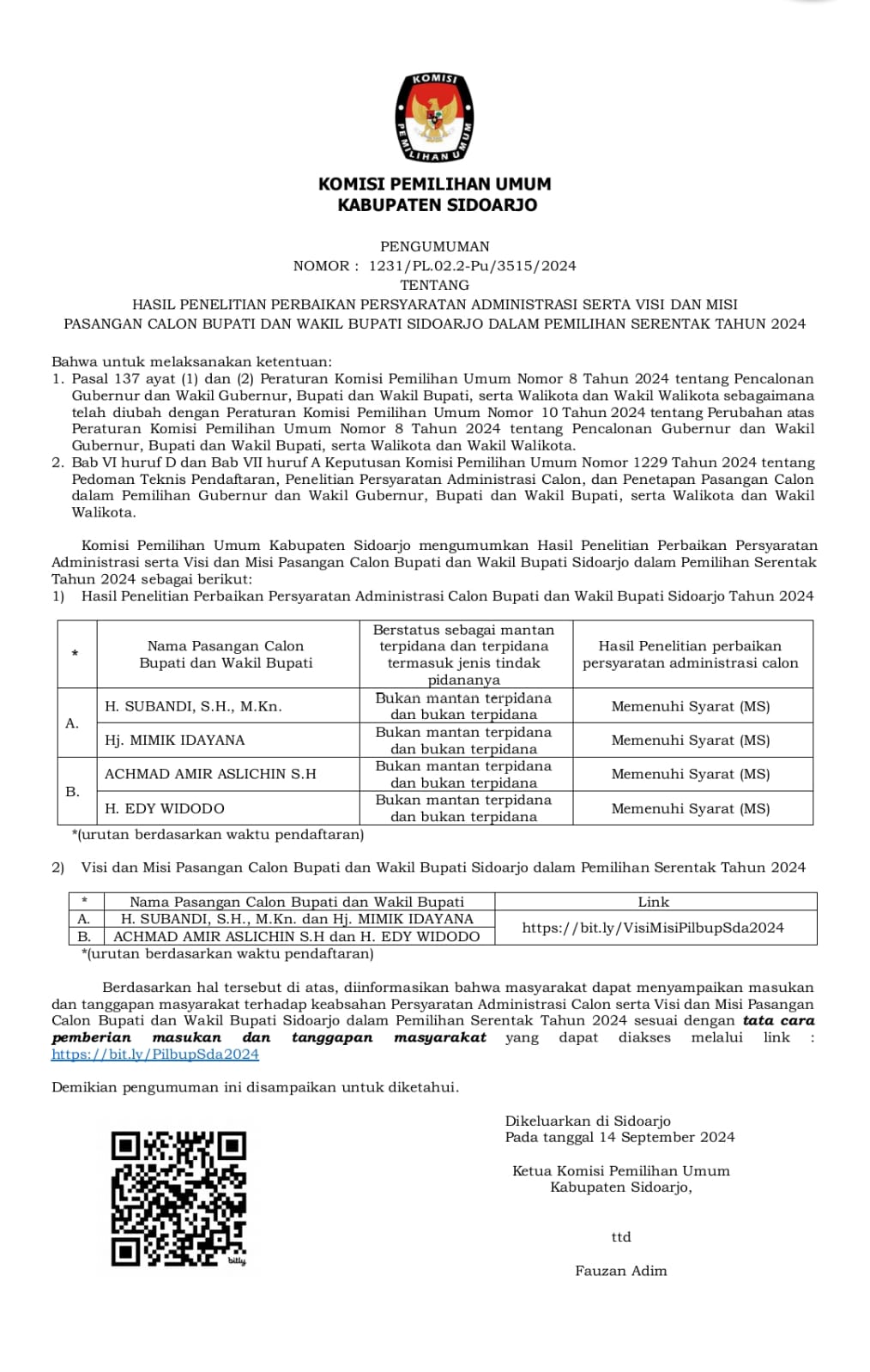 Komisi Pemilihan Umum Kabupaten Sidoarjo Nyatakan Dua Pasangan Calon Bupati dan Wakil Bupati Sidoarjo Memenuhi&nbsp;Syarat